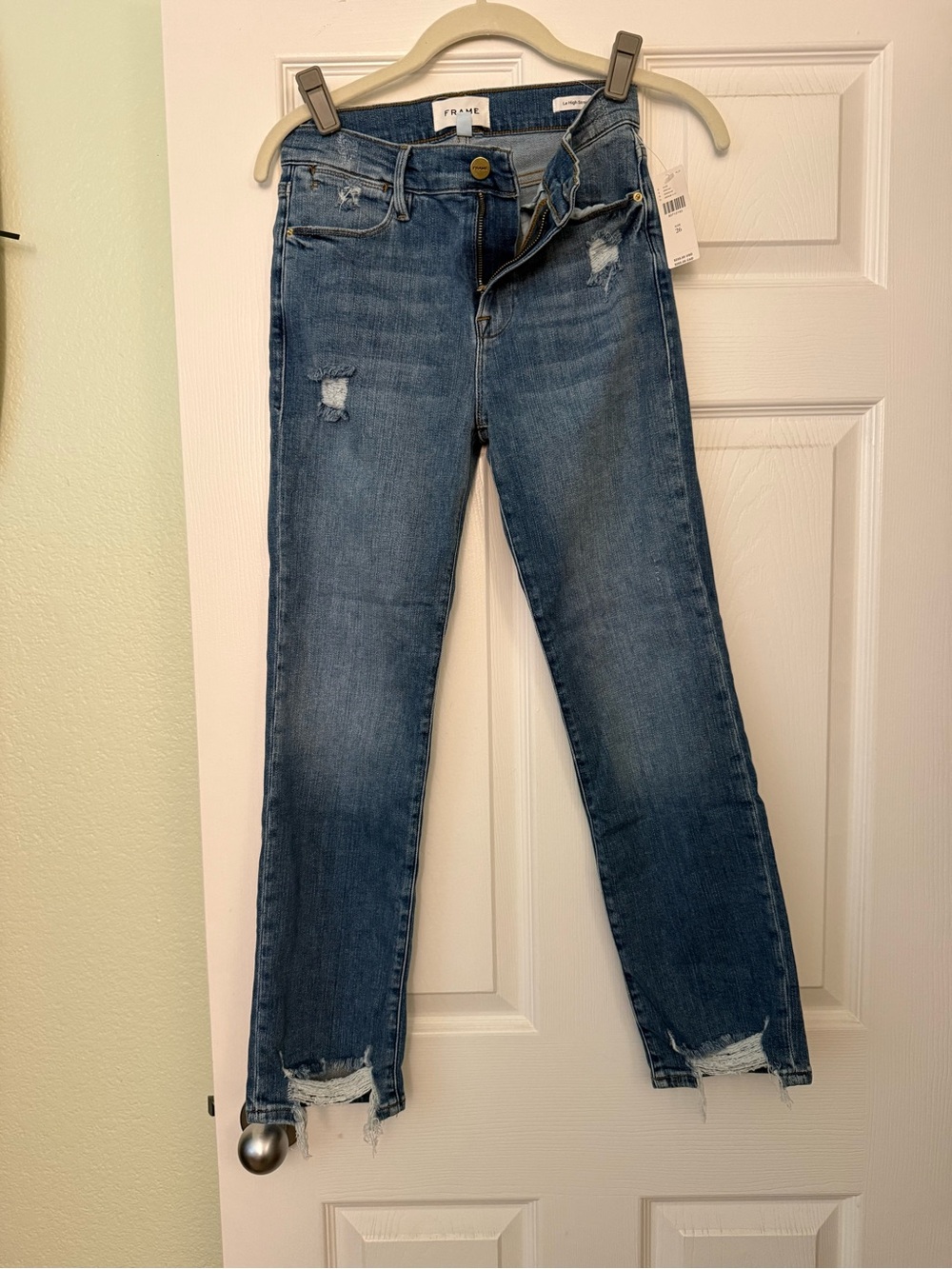Frame Le High Straight Denim Medium Blue Straight-Leg Distressed Jeans